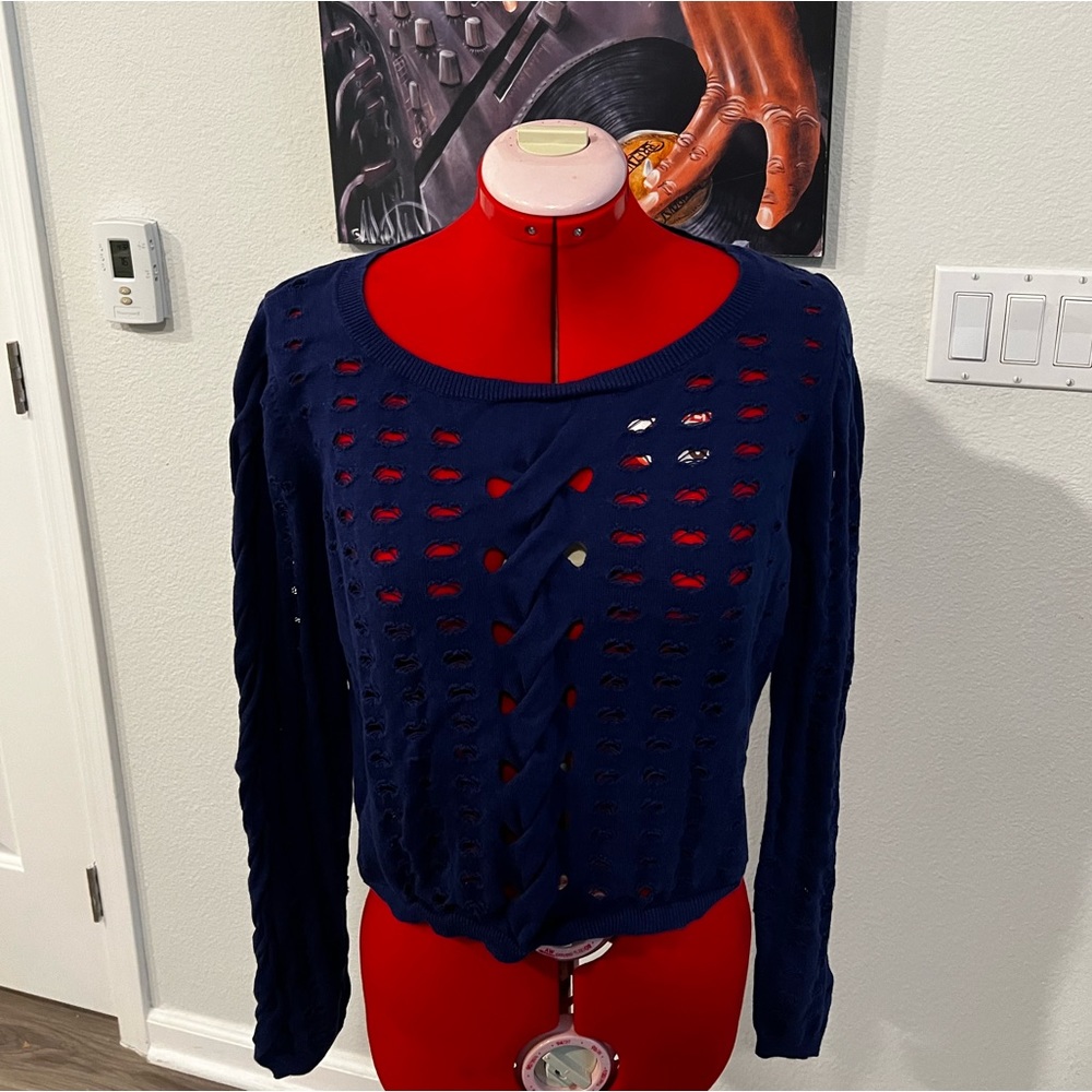 Rock & Republic Cropped Eyelet Long Sleeve Thin Knit Sweater